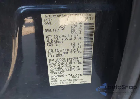 2015 Nissan Frontier Desert Runner/S/Sl/Sv z USA, uszkodzony, nr VIN 1N6AD0ER3FN742238